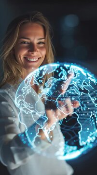 Smiling woman interacting with digital globe.