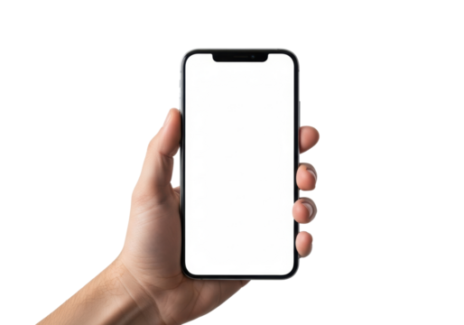 Light-skinned hand holding sleek dark smartphone vertically, blank white screen with top notch, immaculate white background, extensive copy space, professional product display concept
