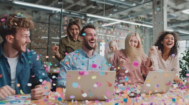 Happy team celebrating success with confetti.
