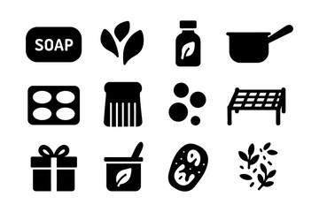Natural soap and skincare icons: minimalist black silhouettes on white background
