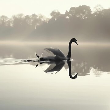 Serene swan gliding across a misty lake.