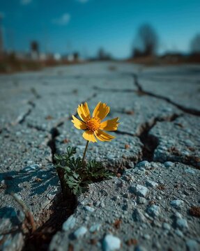 Hope Amidst Climate Crisis. Solo yellow flower blooms in cracked pavement.