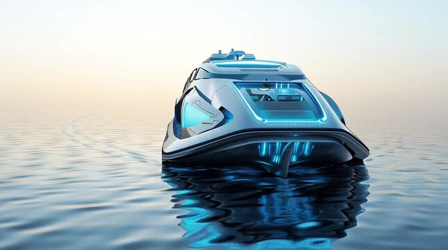 Futuristic boat gliding on serene water.