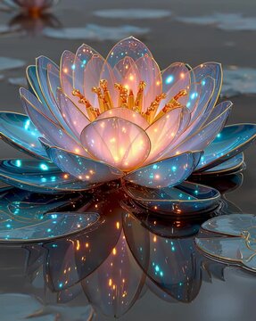 Beautiful glowing lotus flower on water surface.