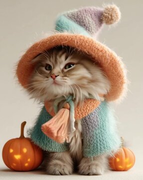 Happy cat in cozy outfit with pumpkins.