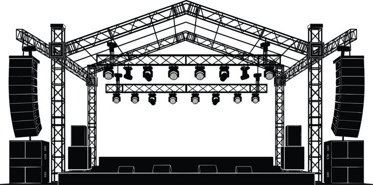 Detailed concert stage vector illustration, professional event setup with truss, lighting, and speakers, live performance stage design concept for music, festival, and production projects