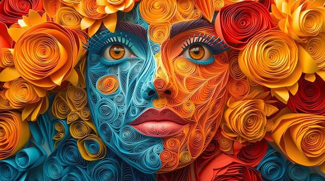 Colorful floral art blending face and flowers.