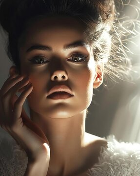 A woman reflecting in a moment of calm.  Timeless Beauty in Soft Light