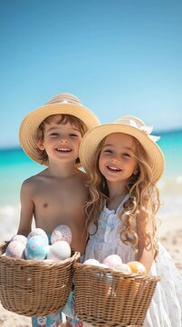 Children enjoying a sunny day at the beach. Kids Easter Egg Hunt at the Beach