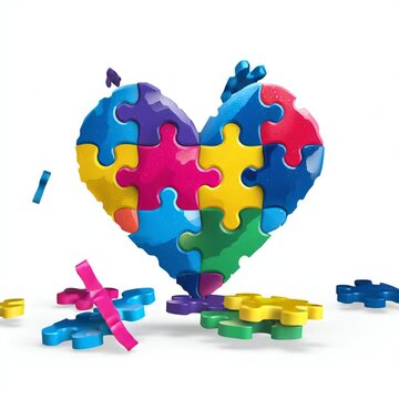 Colorful puzzle pieces forming a heart shape.