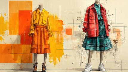 Two mannequins dressed in different colors of clothing sale discount concept