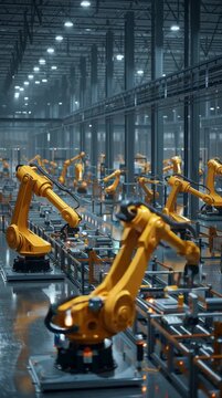Automated robotic arms in modern factory.