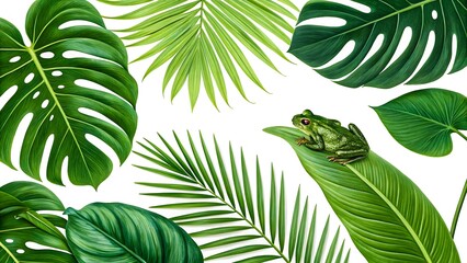 Lush tropical foliage with dense jungle leaves including palm fronds, monstera and ferns, vibrant green botanical rainforest background in 4K highly detailed quality 
