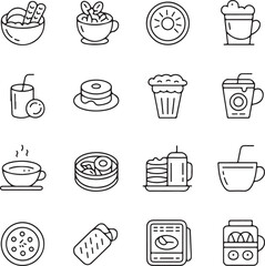 Food and drink icons with pizza cake and beverages donut