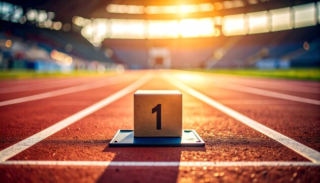 Focus on first place: Starting block with a number 1 at running track