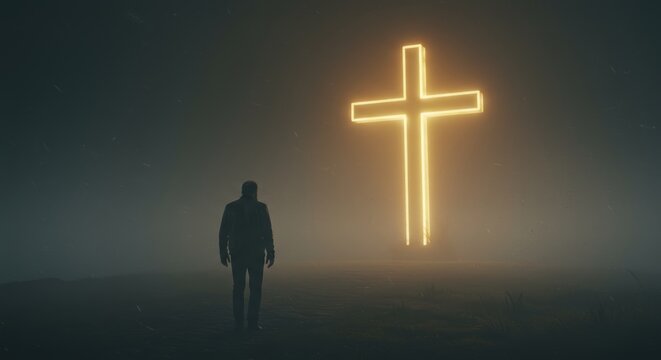 A solitary man walks towards a glowing cross in a foggy landscape seeking hope