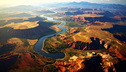 Aerial view of a winding river through a canyon landscape at golden hour