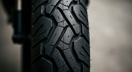 Close-up of a motorcycle tire showcasing its intricate tread pattern design and robust construction material