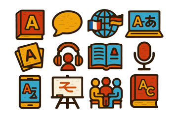 Colorful language learning icons set featuring books and technology