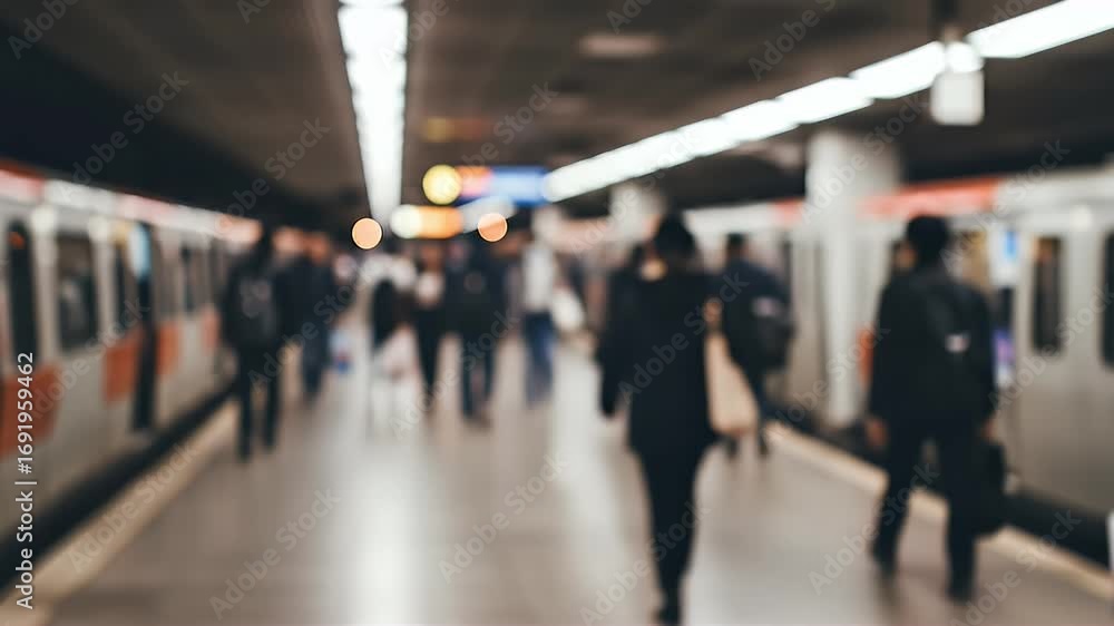 Poster abstract blurred background of a busy subway station platform with anonymous commuters and trains.