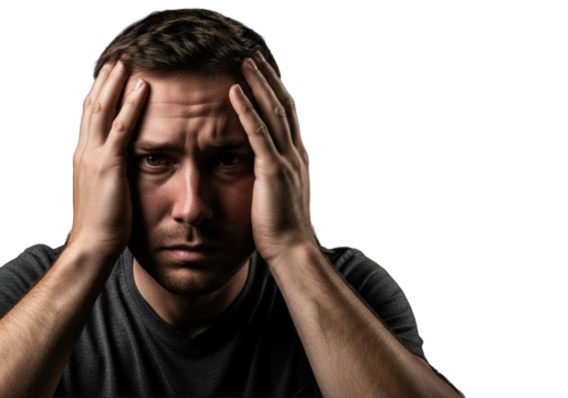 Mid-30s caucasian man, hands to head, pained introspective look, deep black background with copy space, dramatic chiaroscuro, for psychological distress concept