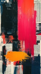 Painting of a red and black painting on a newspaper vertical background