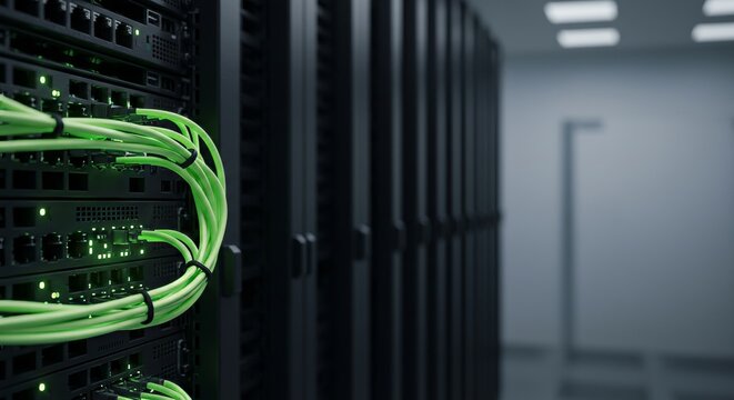 Server Room Data Center with Green Cables Connectivity and Technology