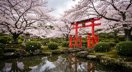 A vibrant red torii gate stands amidst a serene japanese garden, surrounded by blooming cherry blossom trees, with petals gently falling into a tranquil pond reflecting the picturesque scene