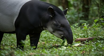Fototapeta premium A Malayan tapir peacefully grazes on lush greenery in its natural habitat