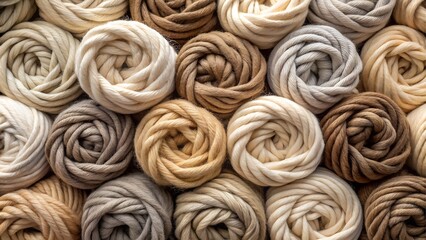 Closeup of natural wool yarn balls in various neutral colors