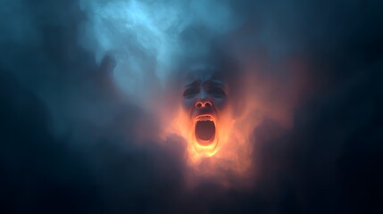 Screaming Face with Glowing Eyes in Fog