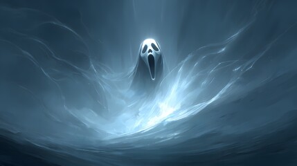 Screaming Face with Glowing Eyes in Fog