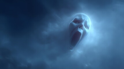 Screaming Face with Glowing Eyes in Fog