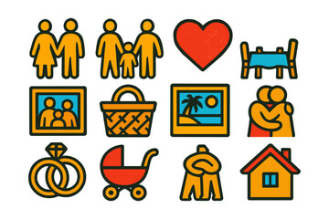 Heartwarming family icons: love, togetherness, home, and celebration in bold flat design