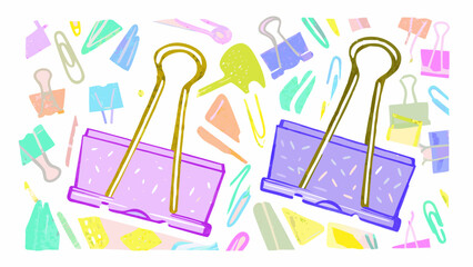 A colorful stationery themed background featuring two large binder clips and various smaller paper clips