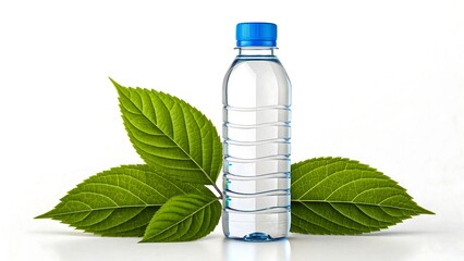 Plastic water bottle still life with fresh green leaves on white background, clean minimal composition with blue bottle tones and natural elements 
