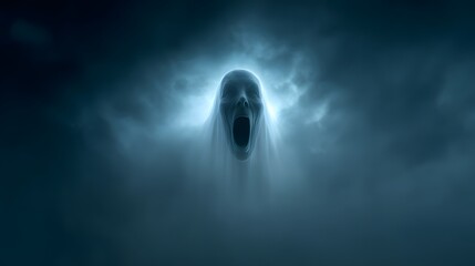 Screaming Face with Glowing Eyes in Fog