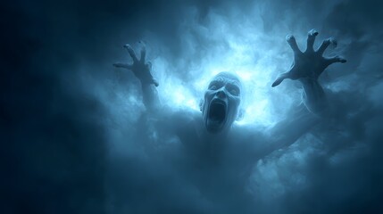 Screaming Face with Glowing Eyes in Fog