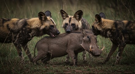 African wild dogs hunting a warthog in a natural setting. The pack encircles their prey amidst the grassy plains of Africa