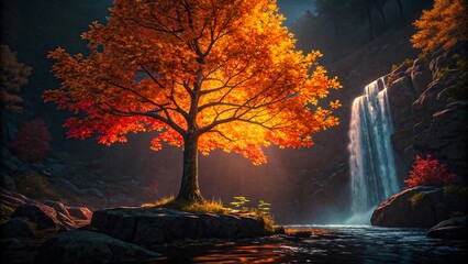 Epic surreal digital artwork of autumnal forest with towering waterfall and glowing orange tree, highly detailed photorealistic cinematic landscape with dramatic lighting, vivid colors and magical rea