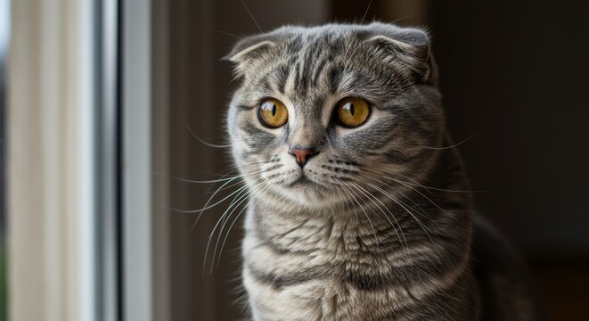 Portrait of a beautiful Scottish Fold cat with expressive amber eyes