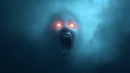 Screaming Face with Glowing Eyes in Fog