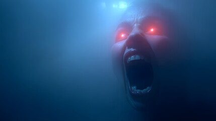 Screaming Face with Glowing Eyes in Fog