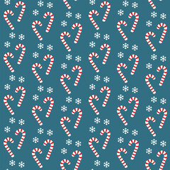 Seamless Candy Cane Pattern with Snowflakes on Blue Background