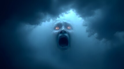 Screaming Face with Glowing Eyes in Fog