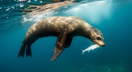 Underwater hunting scene, California sea lion catching a fish for food