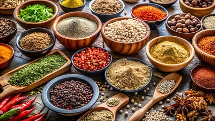 Fototapeta premium Assortment of spices and herbs in wooden bowls