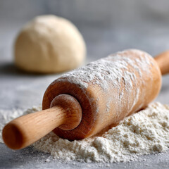 Wooden rolling pin with flour and dough on a kitchen surface.
