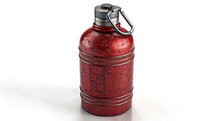 3D render of weathered red jerry can with rust, dirt and textured metal surface, vintage industrial fuel container for oil or gasoline in grunge worn style 
