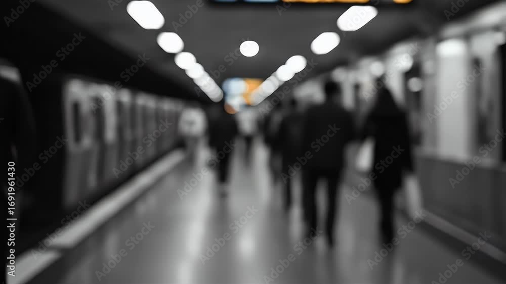 Poster out-of-focus view of a busy subway station platform with anonymous commuters, in black and white wit